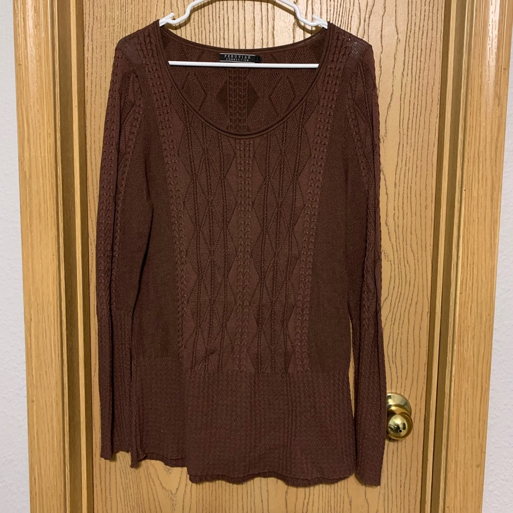 Peruvian Connection Brown Sweater, size large.